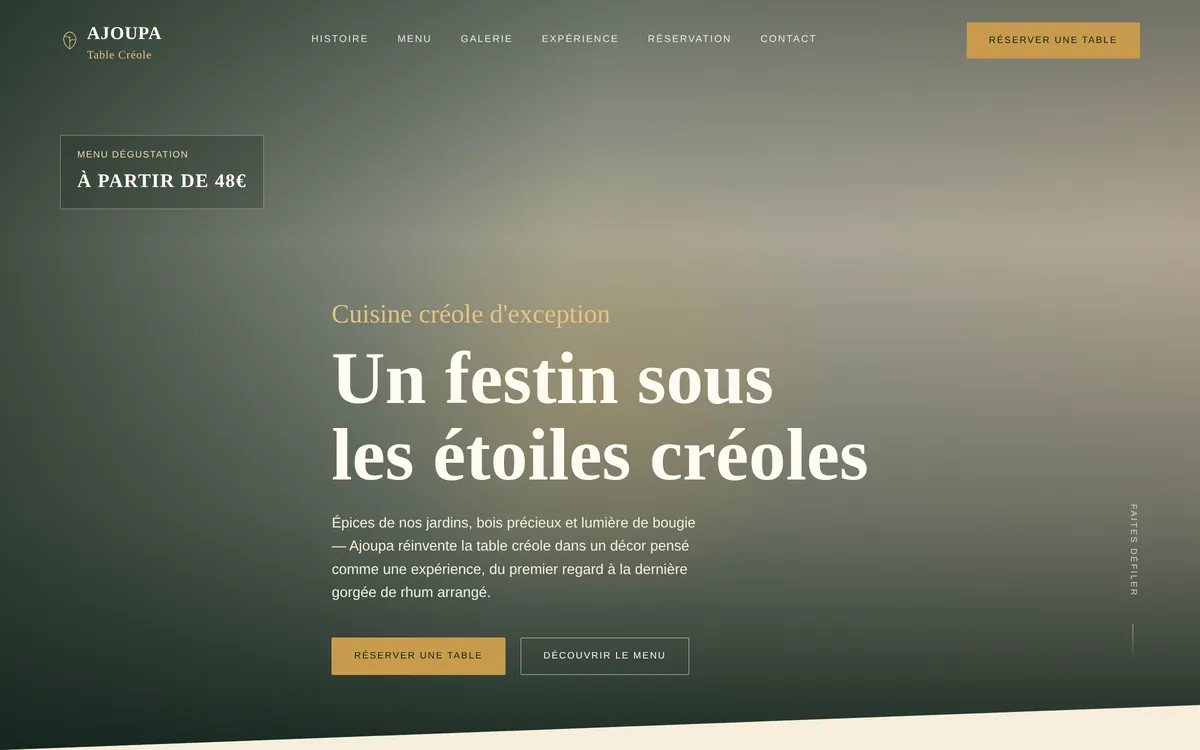 Aperçu du hero du site Ajoupa — Table Créole.