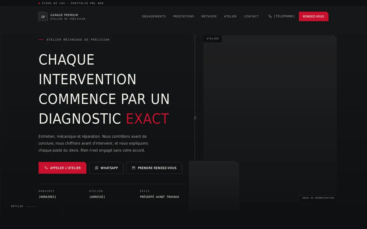 Aperçu du hero du site Garage Premium.